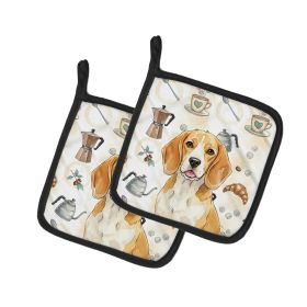 Lemon and White Beagle Coffee Bar Pair of Pot Holders Pair 7.5x7.5 Quilted Insulated Hot Pads Decorative Kitchen Gift Made in USA