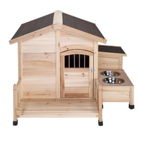 Wooden outdoor dog house Pet House shelter Cabin style, Asphalt roof waterproof, With porch, Feeding bowl, Storage box,natural